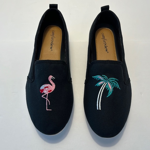 comfortview Shoes - ComfortView Pink Flamingo & Palm Tree Slip-On Shoes, Size 8